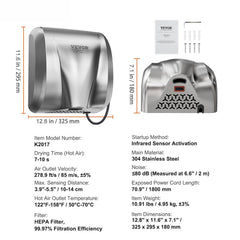 Heavy Duty Commercial Hand Dryer, 1800W Automatic High Speed Stainless Steel Warm Wind Hand Blower, 220V-240V Plug In/Hardwired Two Power Options, Compliant for Industry Business Restrooms