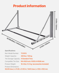 Wall Mounted Folding Tire Rack, 32" - 48" Adjustable Tire Rack, Q235 Heavy-Duty Steel Tire Storage Rack for R14-R20 inch Standard Tires, Max 300lbs Load Capacity for Garage Workshop Repair Shop