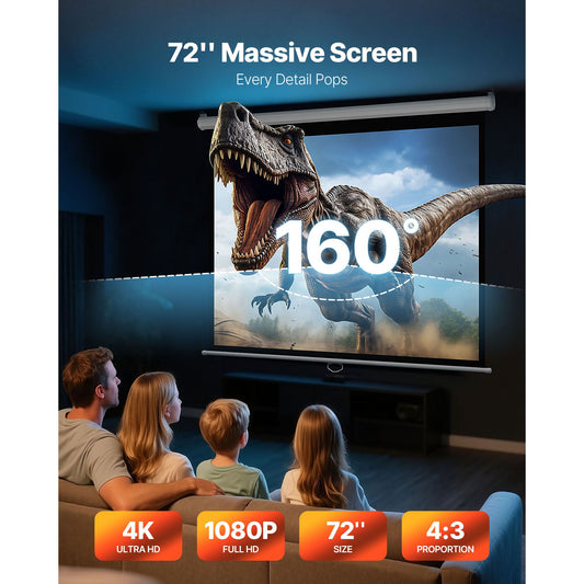 Manual Projector Screen, 1829 mm 4:3 4K 1080 HD Retractable Pull Down Projector Screen, Wall Mounted Movie Projection with Pull Rope, Portable Display Projectoin for Family Home Office Theater
