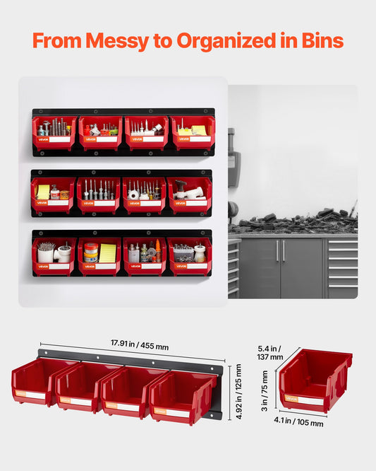 Wall Mounted Storage Bins, 12 Plastic Bins & 3 Metal Rails, Plastic Hanging Stackable Storage Bin for Screws, Nuts, Bolts, Nails, Hardware Tool Organizer for Workshop, Craft Room, Garage, Red