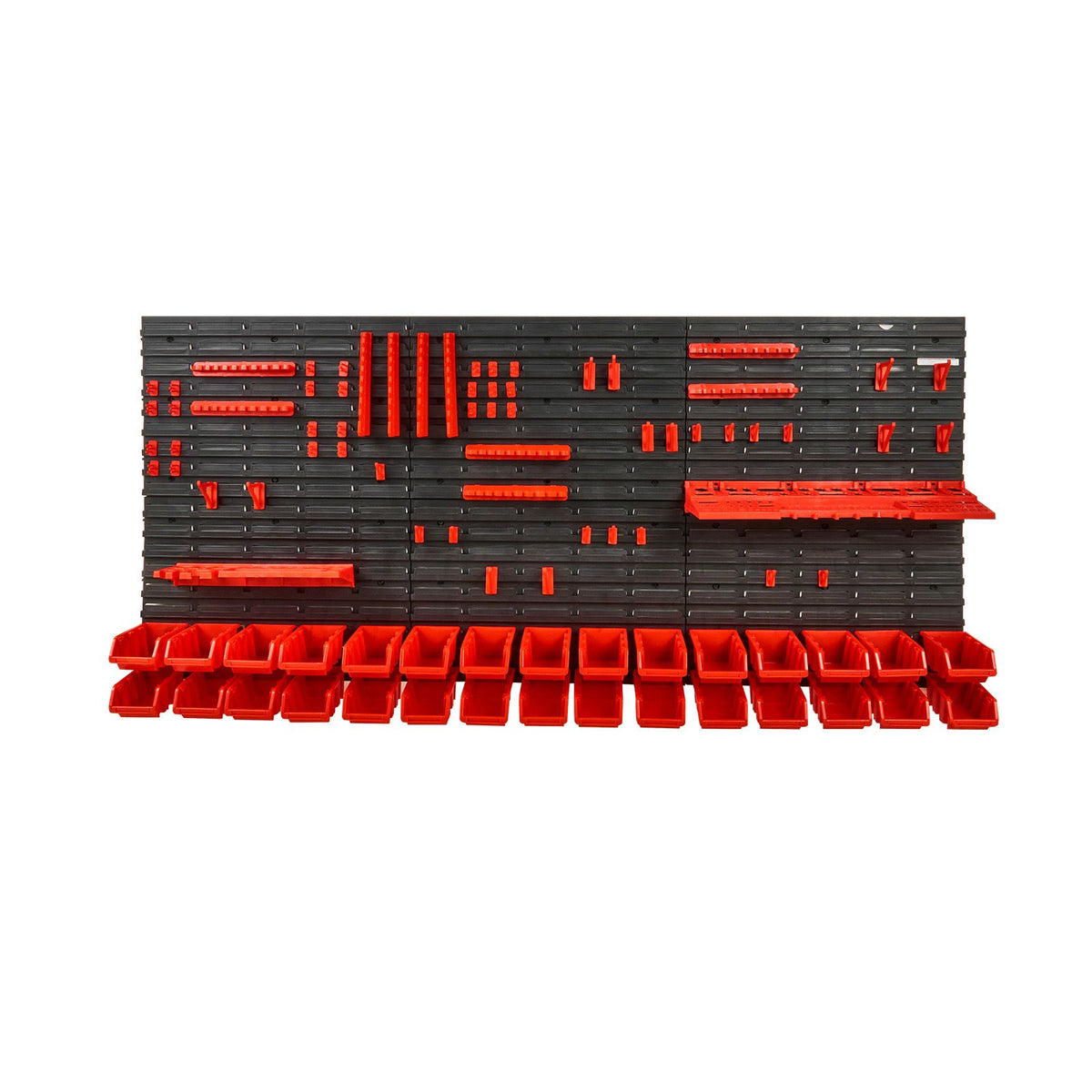 Wall Mounted Storage Bins, 30-Bin Parts Rack Organizer Garage Plastic Shop Tool with Wall Panels/Tool Holders/Hooks, Tool Organizer for Nuts, Bolts, Screws, Nails, Beads, Buttons, Black and Red