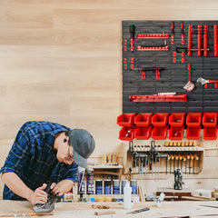 Wall Mounted Storage Bins, 30-Bin Parts Rack Organizer Garage Plastic Shop Tool with Wall Panels/Tool Holders/Hooks, Tool Organizer for Nuts, Bolts, Screws, Nails, Beads, Buttons, Black and Red