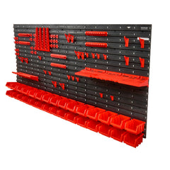 Wall Mounted Storage Bins, 30-Bin Parts Rack Organizer Garage Plastic Shop Tool with Wall Panels/Tool Holders/Hooks, Tool Organizer for Nuts, Bolts, Screws, Nails, Beads, Buttons, Black and Red