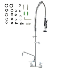Commercial Faucet with Pre-Rinse Sprayer, 47" Height, 8" Center, 12" Swing Spout, Wall Mount Kitchen Sink Faucet, Brass Constructed Device with Pull Down Spray, for 1/2/3 Compartment Sink