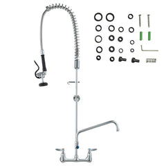 Commercial Faucet with Pre-Rinse Sprayer, 47" Height, 8" Center, 12" Swing Spout, Wall Mount Kitchen Sink Faucet, Brass Constructed Device with Pull Down Spray, for 1/2/3 Compartment Sink