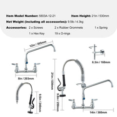 Commercial Faucet with Pre-Rinse Sprayer, 21" Height, 8" Center, 12" Swing Spout, Wall Mount Kitchen Sink Faucet, Brass Constructed Device with Pull Down Spray, for 1/2/3 Compartment Sink