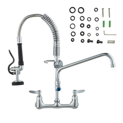 Commercial Faucet with Pre-Rinse Sprayer, 21" Height, 8" Center, 12" Swing Spout, Wall Mount Kitchen Sink Faucet, Brass Constructed Device with Pull Down Spray, for 1/2/3 Compartment Sink