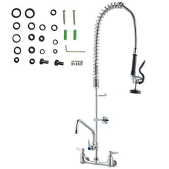 Commercial Faucet with Pre-Rinse Sprayer, 36" Height, 8" Center, 12" Swing Spout, Wall Mount Kitchen Sink Faucet, Brass Constructed Device with Pull Down Spray, for 1/2/3 Compartment Sink
