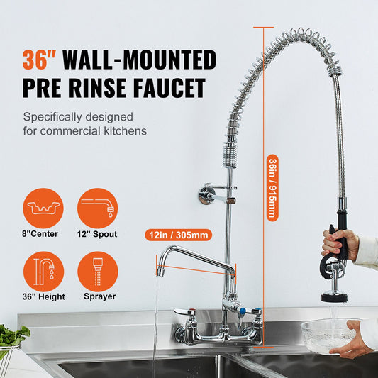 Commercial Faucet with Pre-Rinse Sprayer, 36" Height, 8" Center, 12" Swing Spout, Wall Mount Kitchen Sink Faucet, Brass Constructed Device with Pull Down Spray, for 1/2/3 Compartment Sink