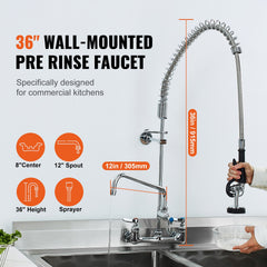 Commercial Faucet with Pre-Rinse Sprayer, 36" Height, 8" Center, 12" Swing Spout, Wall Mount Kitchen Sink Faucet, Brass Constructed Device with Pull Down Spray, for 1/2/3 Compartment Sink