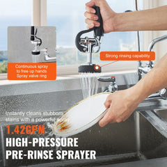 Commercial Faucet with Pre-Rinse Sprayer, 36" Height, 8" Center, 12" Swing Spout, Wall Mount Kitchen Sink Faucet, Brass Constructed Device with Pull Down Spray, for 1/2/3 Compartment Sink