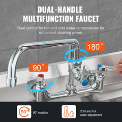 Commercial Faucet with Pre-Rinse Sprayer, 36" Height, 8" Center, 12" Swing Spout, Wall Mount Kitchen Sink Faucet, Brass Constructed Device with Pull Down Spray, for 1/2/3 Compartment Sink