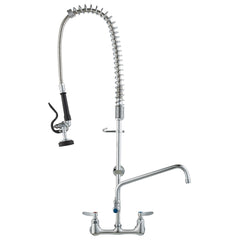 Commercial Faucet with Pre-Rinse Sprayer, 36" Height, 8" Center, 12" Swing Spout, Wall Mount Kitchen Sink Faucet, Brass Constructed Device with Pull Down Spray, for 1/2/3 Compartment Sink