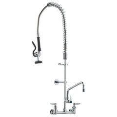 Commercial Faucet with Pre-Rinse Sprayer, 36" Height, 8" Center, 12" Swing Spout, Wall Mount Kitchen Sink Faucet, Brass Constructed Device with Pull Down Spray, for 1/2/3 Compartment Sink