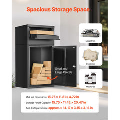 Package Delivery Boxes for Outside, 90.9 cm Mailbox for Parcel with Lock, Galvanized Steel Package Drop Box with Anti-Theft Design, Weather-Resistant Package Mailbox for Home and Office, Black
