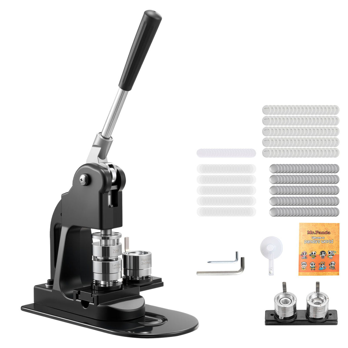 Button Maker Machine, 25 mm, Pin Maker Machine with 500pcs Button Parts, Circle Cutter, Hex Wrenches and Magic Book, Ergonomic Handle, for DIY Badges, Personalized Pins and Key Chains, Black