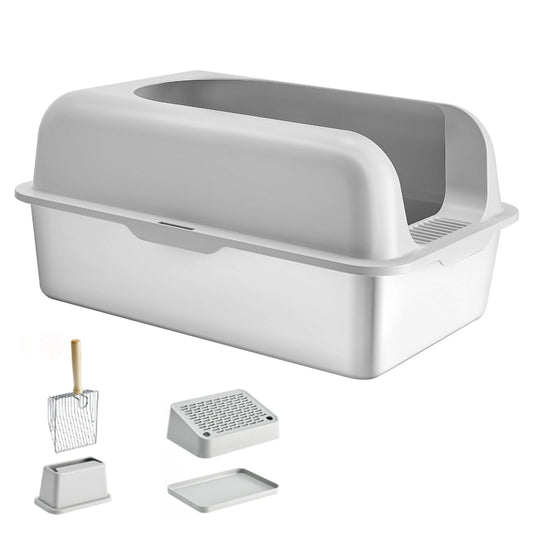 Cat Litter Box, 152 mm Deep, XL Extra Large Stainless Steel Cat Litter Box with Scoop, Wide Filtering Foot Board & High Sides, Enclosed Odor-Free Easy-to-Clean Litter Box, Fit for Big Cats