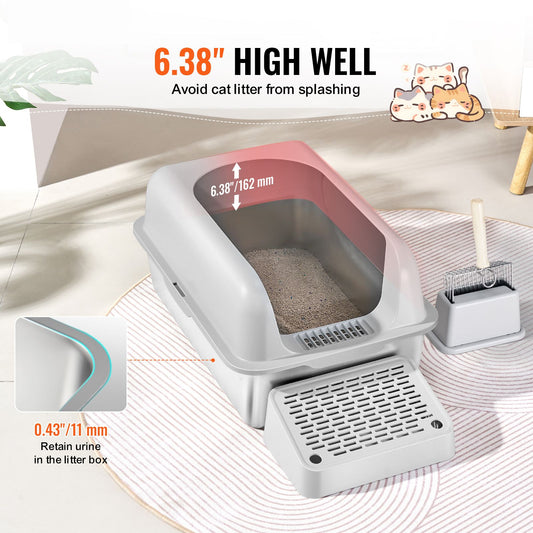 Cat Litter Box, 152 mm Deep, XL Extra Large Stainless Steel Cat Litter Box with Scoop, Wide Filtering Foot Board & High Sides, Enclosed Odor-Free Easy-to-Clean Litter Box, Fit for Big Cats