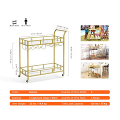 2 Tiers Gold Metal Bar Serving Cart with Wine Rack Glass Holder 120 LBS