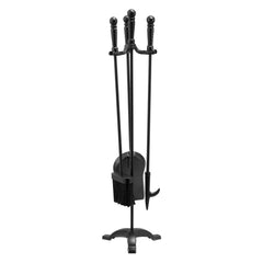 Fireplace Tool Set, 4 PCS Fire Tool Set and Holder with Three-Prong Stand, Ash Shovel, Brush, Fire Place Poker, Wrought Iron Fireplace Accessories for Campfire Indoor/Outdoor, Black