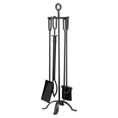 Fireplace Tool Set, 5 PCS Fire Tool Set and Holder with Four-Prong Stand, Tongs, Ash Shovel, Brush, Fire Place Poker, Wrought Iron Fireplace Accessories for Campfire Indoor/Outdoor, Black