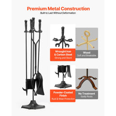 Fireplace Tool Set, 5 PCS Fire Tool Set and Holder with Five-Prong Stand, Tongs, Ash Shovel, Brush, Fire Place Poker, Wrought Iron Fireplace Accessories for Campfire Indoor/Outdoor, Black