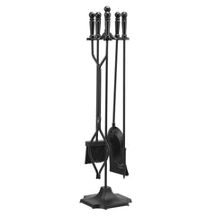 Fireplace Tool Set, 5 PCS Fire Tool Set and Holder with Five-Prong Stand, Tongs, Ash Shovel, Brush, Fire Place Poker, Wrought Iron Fireplace Accessories for Campfire Indoor/Outdoor, Black