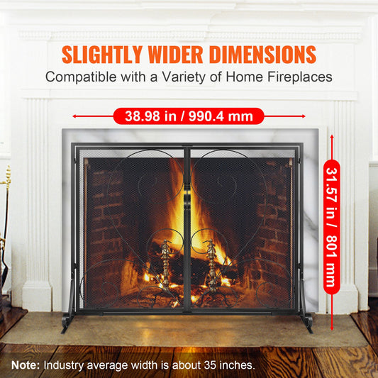 990x802MM Fireplace Screen 2-Panel Iron Mesh Spark Guard Vintage Black