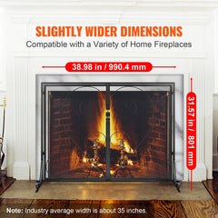 990x802MM Fireplace Screen 2-Panel Iron Mesh Spark Guard Vintage Black