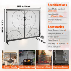 990x802MM Fireplace Screen 2-Panel Iron Mesh Spark Guard Vintage Black