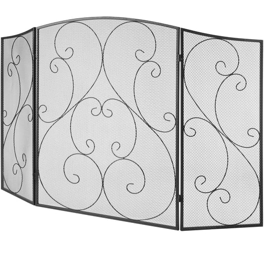 Fireplace Screen 3 Panel, Sturdy Iron Mesh Fireplace Screen, 122(L)x76.7(H)CM Spark Guard Cover, No Assembly Required, Free Standing Fireplace Fence Grate for Living Room Home Decor Vintage