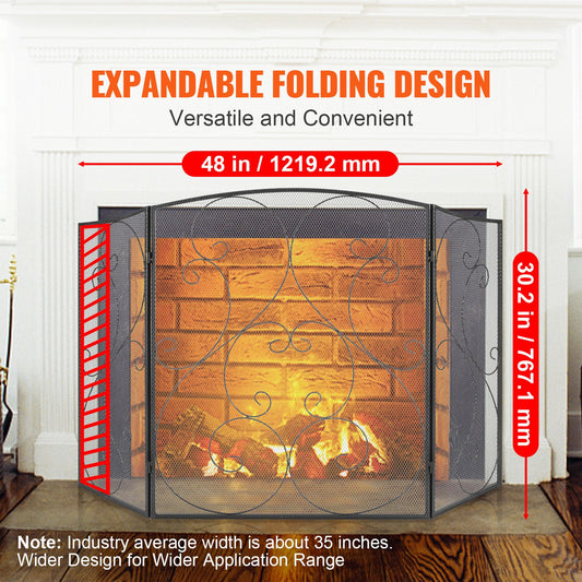 Fireplace Screen 3 Panel, Sturdy Iron Mesh Fireplace Screen, 122(L)x76.7(H)CM Spark Guard Cover, No Assembly Required, Free Standing Fireplace Fence Grate for Living Room Home Decor Vintage