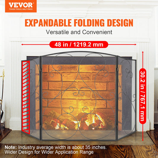 Fireplace Screen 3 Panel, Sturdy Iron Mesh Fireplace Screen, 122(L)x76.7(H)CM Spark Guard Cover, No Assembly Required, Free Standing Fireplace Fence Grate for Living Room Home Decor Vintage