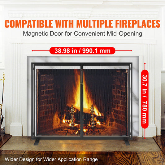 Fireplace Screen 1 Panel with Door, Sturdy Iron Mesh Fireplace Screen, 990(L) x780(H)MM Spark Guard Cover, Simple Installation, Free Standing Fire Fence Grate for Living Room Home Decor Modern