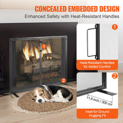 Fireplace Screen 1 Panel with Door, Sturdy Iron Mesh Fireplace Screen, 990(L) x780(H)MM Spark Guard Cover, Simple Installation, Free Standing Fire Fence Grate for Living Room Home Decor Modern