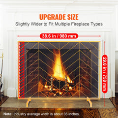 980x758MM Fireplace Screen 1-Panel Iron Mesh Spark Guard Modern Gold