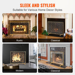 980x758MM Fireplace Screen 1-Panel Iron Mesh Spark Guard Modern Gold