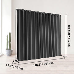 Room Divider, 8 ft x 10 ft (96 x 120inch) Portable Panel Room Divider with Wheels Curtain Divider Stand, Room Divider Privacy Screen for Office, Bedroom, Dining Room, Study, Black