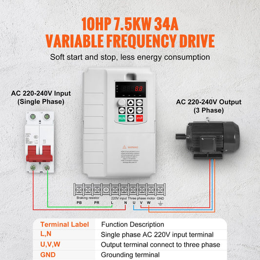 VFD 10HP, 7.5KW, 34A, 1 Phase 220V-240V Input to 3 Phase 220V-240V Output Variable Frequency Drive, 0-400Hz VFD for AC Motor Speed Control