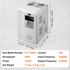 VFD 10HP, 7.5KW, 34A, 1 Phase 220V-240V Input to 3 Phase 220V-240V Output Variable Frequency Drive, 0-400Hz VFD for AC Motor Speed Control