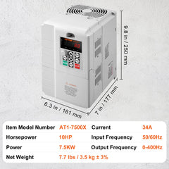 VFD 10HP, 7.5KW, 34A, 1 Phase 220V-240V Input to 3 Phase 220V-240V Output Variable Frequency Drive, 0-400Hz VFD for AC Motor Speed Control