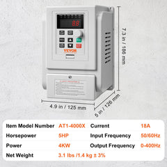 VFD 5HP, 4KW, 18A, 1 Phase 220V-240V Input to 3 Phase 220V-240V Output Variable Frequency Drive, 0-400Hz VFD for AC Motor Speed Control