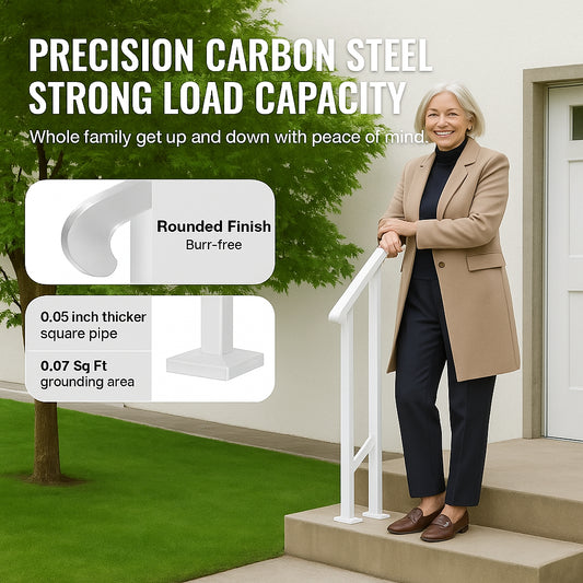 Handrails for Outdoor Steps, 1-2 Step Stair Hand Rail Kit, Transitional Carbon Steel Railings with Installation Kit, Stair Rails for Seniors, Concrete Steps & Porch & Deck, White Retro Arch