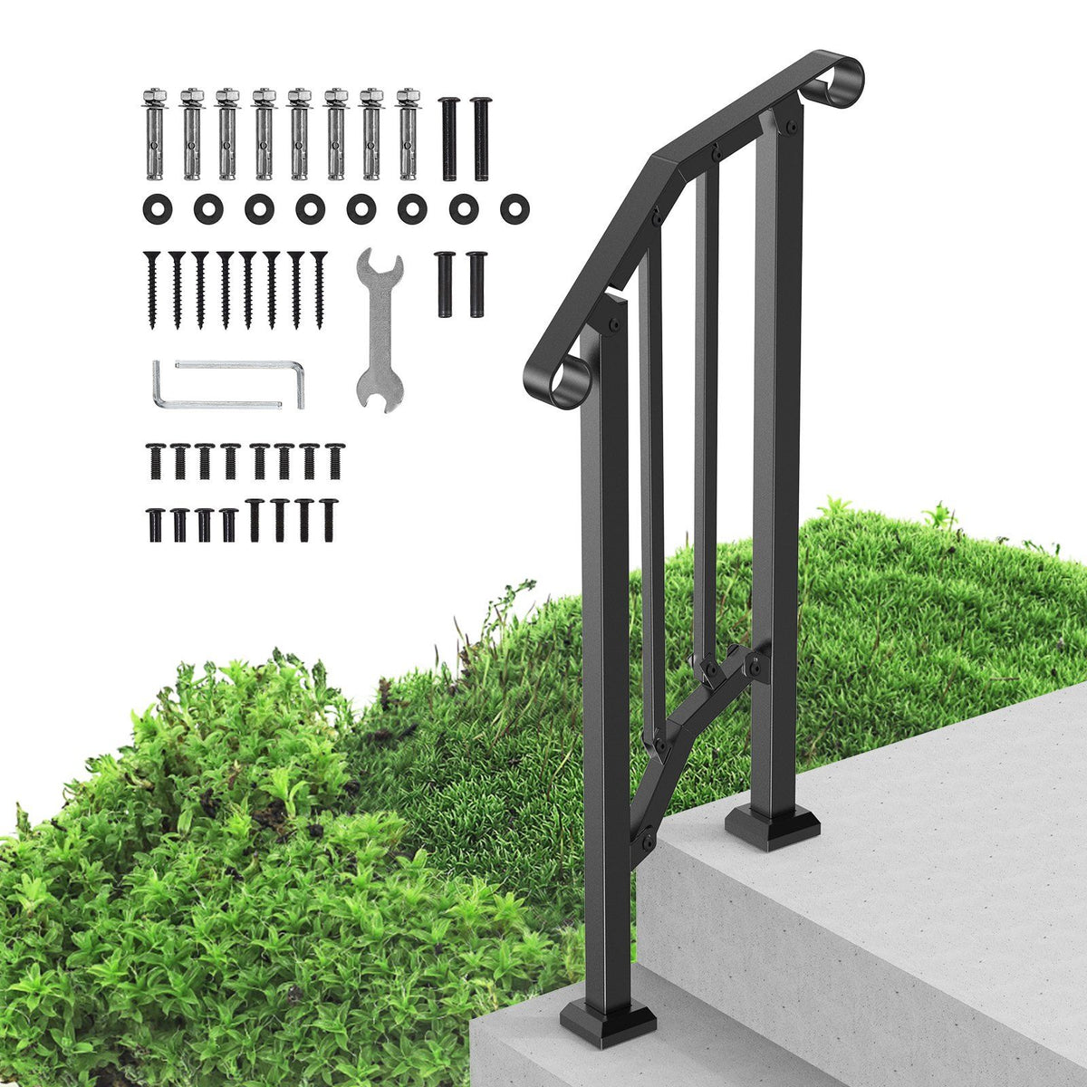 Handrails for Outdoor Steps, 1-2 Step Stair Hand Rail Kit, Transitional Carbon Steel Railings with Installation Kit, Stair Rails for Seniors, Concrete Steps & Porch & Deck, Black Retro Arch
