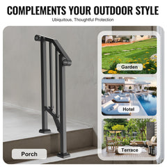 Handrails for Outdoor Steps, 1-2 Step Stair Hand Rail Kit, Transitional Carbon Steel Railings with Installation Kit, Stair Rails for Seniors, Concrete Steps & Porch & Deck, Black Retro Arch