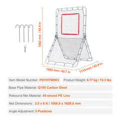 Baseball And Softball Rebounder Net, 3.5 x 6 ft PitchBack Baseball Pitching Nest, Softball Pitchback Net, Fielding Trainer, Bounce Back Net for Fielding/Throwing Practice, 5 Adjustable Angles