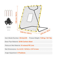 Baseball And Softball Rebounder Net, 4 x 4.5 Feet PitchBack Baseball Nest for Pitching and Fielding Training, Pitch Return Trainer Rebound Net with Pitching Target, 4 Adjustable Angles
