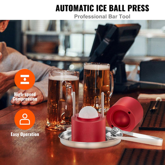 Ice Ball Press, 6cm Ice Ball Maker, Aircraft Al Alloy Ice Ball Press Kit for 60mm Ice Sphere, Ice Press with Tong and Drip Tray, for Whiskey, Cocktail, Bourbon, Scot on Party & Holiday, Red