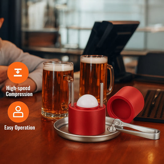 Ice Ball Press, 6cm Ice Ball Maker, Aircraft Al Alloy Ice Ball Press Kit for 60mm Ice Sphere, Ice Press with Tong and Drip Tray, for Whiskey, Cocktail, Bourbon, Scot on Party & Holiday, Red