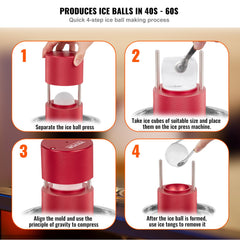 Ice Ball Press, 6cm Ice Ball Maker, Aircraft Al Alloy Ice Ball Press Kit for 60mm Ice Sphere, Ice Press with Tong and Drip Tray, for Whiskey, Cocktail, Bourbon, Scot on Party & Holiday, Red